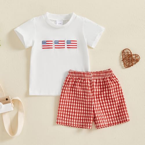 Image of 4th Of July Toddler Boy Outfit Popsicle American Flag T-Shirt and Gingham Plaid Shorts Set Independence Day Clothes