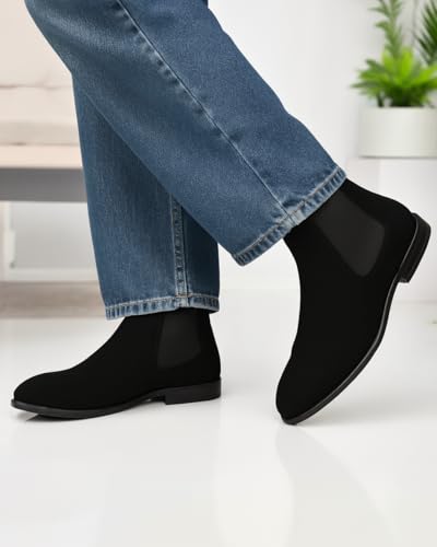 Image of Men's Leather Chelsea Boots, Ankle Length Slip-On with Memory Foam Insole, Block Heel, Round Toe, Water Repellent, Formal Wear, Black