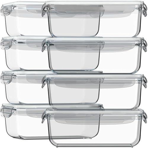 Image of Razab 16 Pc (Set of 8) 30 Oz Glass Meal Prep Containers with Lids, Airtight Large Glass Food Storage Containers, Reusable Leak Proof BPA Free, Freezer to Oven and Dishwasher Safe