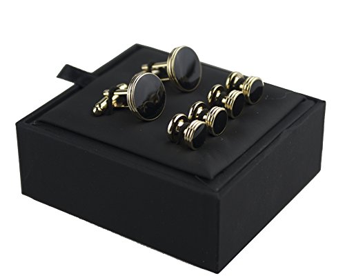 Salutto Men's Cufflinks And Studs Set For Formal French Shirt Formal Black With Shiny Gold #TOP5