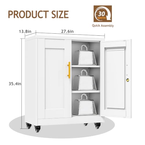 Image of 35 inch Lockable Rolling Metal Storage Cabinet, Steel Office File Cabinet | Garage Cabinet with Wheels & 2 Adjustable Shelves, Freestanding Tool Cabinet for Home, Office & Garage Storage, White
