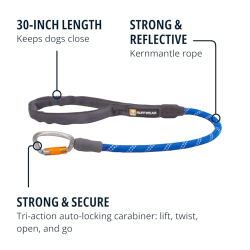 RUFFWEAR Knot-a-Long Kurze Hundeleine, kein Ziehen, 0,7 m Hundeleine mit gepolstertem Griff, leichte und robuste Hundeleine, Anti-Tangle- und Anti-Pull-Hundetrainingsleine, Blue Pool