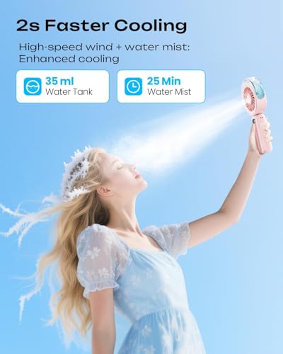 Image of Otlonpe Handheld Misting Fan Portable, Powerful 4 High Speeds Rechargeable Small Hand Held Fan Water Mist, 4000mAh Battery Operated, Foldable, Lanyard, Personal Cooling for Travel Men Wome