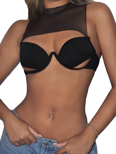 SweatyRocks Women's Cut Out Sheer Mesh Crop Top Mock Neck Sleeveless Y2k Party Rave Tops