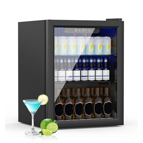 Refrigerador compacto para bebidas, mini refrigerador de 70 latas/1.6 pies cúbicos con puerta frontal de vidrio para refrescos, cerveza o vino, dispensador de bebidas debajo del mostrador con estante