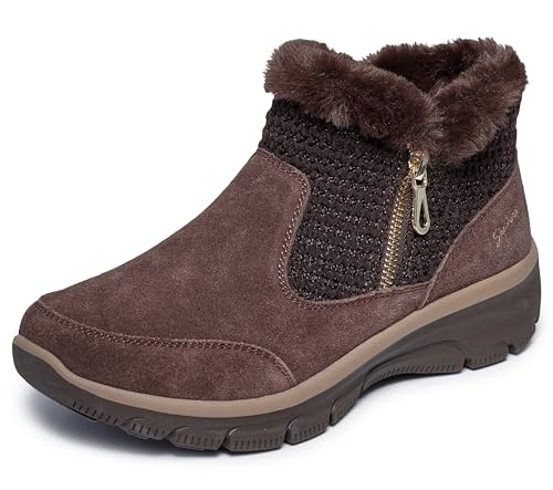 Skechers Women's EASY GOING - GENTLE FALL, Sweater knit zip up boot, Chocolate, 8.5M