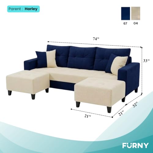 Image of SLEEPIFY Harlon Velvet-Suede Fabric 3 Seater Sofa Set with 2 Ottoman (Dark Blue - Cream) | Comfortable & Spacious Seating | Modern Sofa Set for Living Room | Soft Touch Upholstery