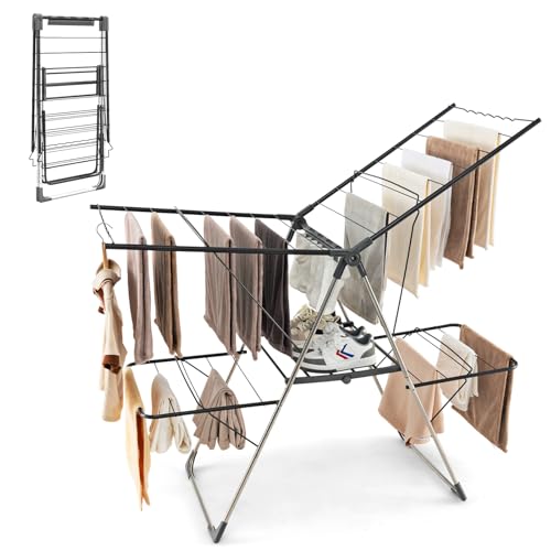 HOMASIS Séchoir à Linge Pliable avec 2 Ailes Réglable en Hauteur, Étendoir à Linge avec 33 Rails de Séchage, Pinces à Chaussettes, Barres Latérales (Noir)