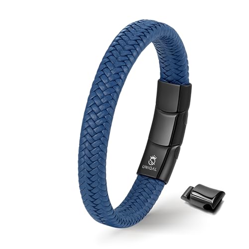 UNIQAL | Herren Armband aus Echtleder – Farbige geflochtene Armbänder mit Edelstahl |Magnetverschluss – Schwarz, Rot, Blau, Grün, Weiß Mens Bracelet | Gratis Geschenk Box (Blau, 23, Zentimeter)