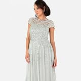 Maya Deluxe Damska sukienka maxi, z okrągłym dekoltem, w paski, z haftowaną koszulką, z haftowaną koronką, z motywem linii A (1 opakowanie), Green Lily, 42