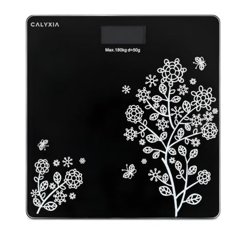 Image of Digital Weight Machine Scale 180kg Capacity, Tempered Glass Electronic Body Weight Machine with LCD Display, Auto On /Off, High Precision, Floral Black Design for Home Use