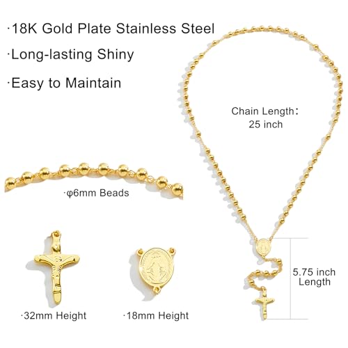 Rosary Beads Catholic Necklace for Women and Men 6mm 18K Gold Plated Stainless Steel Gold Long Crucifix Cross Christian Religious Anglican Prayer Beads Y-Necklace Jewelry with a Gift Box3