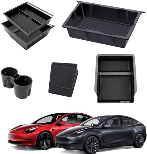 6PCS Center Console Organizer Tray for Tesla Model Y 2021 2022 2023 2024, Interior Accessories Armrest Storage Tray Hidden Storage Box Cup Holder (6PCS)