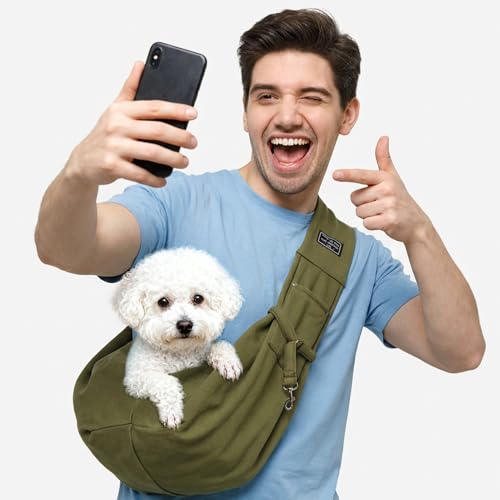 Halinuia Hundetragetasche Welpen Reversibel Kleine bis 7KG Angenehm Tragetasche Hund Sicherer mit Karabiner Tragegurt Hunde Umhängetasche für Haustiere Spaziergänge Aktivitäten im Freien (Olivgrün)