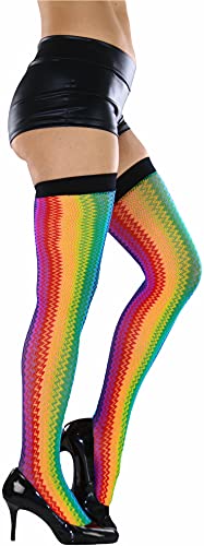 Image of ToBeInStyle Women's Rainbow Bright Multicolor Nylon Thigh High Stockings