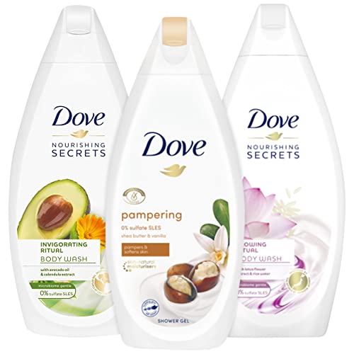Dove Variety Pack Body Wash, Shea Butter, Glowing Ritual Lotus Flower, and Invigorating Ritual Avacado Oil for Pampering and Softening Skin, Natural Moisturizers, 16.9 Ounces Each, 3 Count