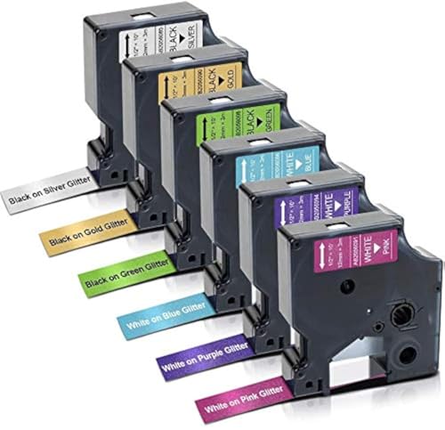 Absonic D1 Label Tape Compatible for Dymo COLORPOP Label Maker Refills 12mm 0.47 1/2 Inch Work for LabelManager 160 420P 280 PnP Silver/Green/Gold/Pink/Purple/Blue Glitter 1/2 x 10 6-Pack