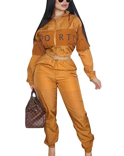Womens Long Sleeve 2 Piece Outfits Letter Print Crop Top and Skinny Leggings Pants Jumpsuit Romper Set Orange XL