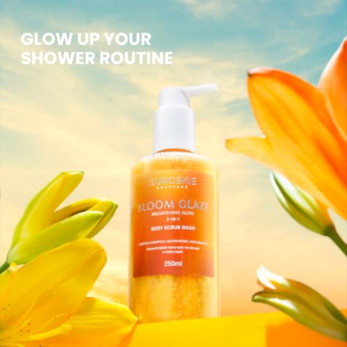 Image of Suroskie Bloom Glaze Brightening Glow 2-in-1 Body Scrub Wash with Glycolic Extract, Liquorice & Niacinamide for Tan Removal & Even Skin Tone - Exfoliating Shower Gel for Women & Men
