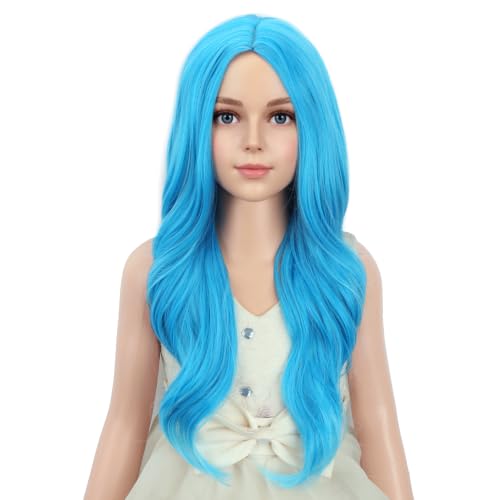Image of PATTNIUM Kids Blue Wig Long Curly Wavy Blue Wigs for Girls Chidren Middle Part Hair Heat Resistant Synthetic Hair Wig with Wigs Cap