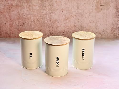 Image of JISCOVERY Airtight Tea, Coffee & Sugar Container Set of 3| Metal Storage Canister with Wooden Lid for Kitchen| Storage Box for Kitchen Counter Top| 1300 ML| Beige
