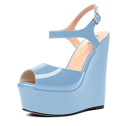 MOVINSTEPS Womens Party Sexy Platform Patent Peep Toe Buckle Ankle Strap Wedge High Heel Pumps Shoes 6 Inch