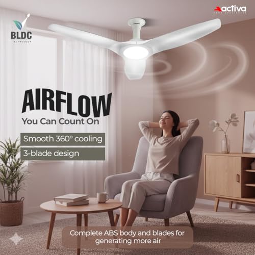 Image of ACTIVA Silentair 1200mm BLDC Ceiling Fan with LED Light | 28W BEE 5 Star | ABS Body & Blades | High Speed | Low Noise | Remote with Timer & Reversible