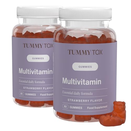 TummyTox Multivitamin Gummies - Vitamina C, Vitamina E y B12, Biotina, Acido Folico y 6 Micronutrientes más - para 4 Meses, 120 Gominolas Veganas Sabor Fresa - Multivitaminas y Minerales, sin Gluten