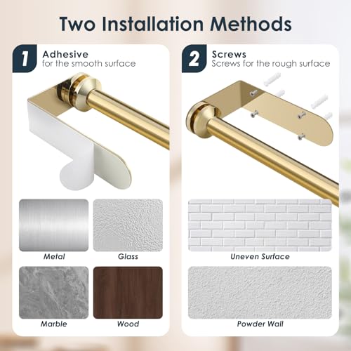 Image of theaoo Paper Towel Holder Under Cabinet, One-Handed Tear Wall Mount Paper Towel Holder Dispenser with Damping Function for Kitchen Organization, Stainless Steel, Self-Adhesive or Drill mounting, Gold