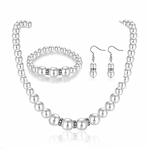 Fashion Classic Faux Pearl Jewelry Set Necklace Bracelet Earrings for Women-White 1