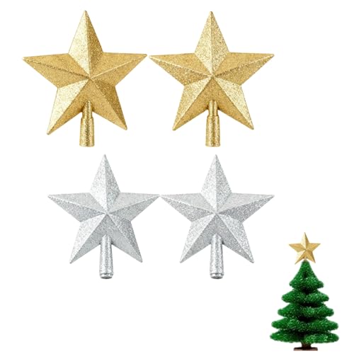 4 Pezzi Stella per Albero di Natale, Puntale a Forma di Stella, Decorazioni Albero di Natale Stella 10 cm Punta per Albero Oro Argento Decorazioni Natalizie per Casa Feste Interni Mini Alberi