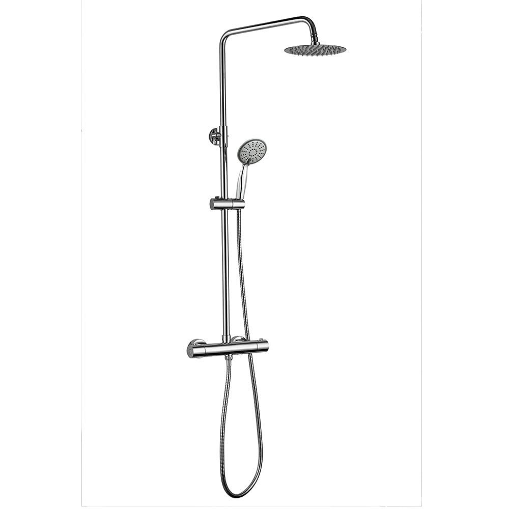 Columna de ducha termostática extralarga ROU Round, con tubo extensible de 100 a 150 cm. Rociador extraplano de 20cm y ducha de mano de hidromasaje redondos. Recambios garantizados
