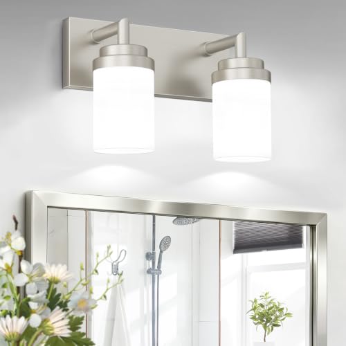 Image of Bathroom Light Fixtures, Brushed Nickel Bathroom Lighting Fixtures Over Mirror, Modern Vanity Light with White Glass Shade, Restroom Lighting Fixtures, 2-Light 13-inch