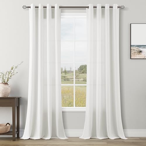 Image of Off White Linen Curtains 84 inch Length for Living Room 2 Panels Set Soft Thick Textured Grommet Semi Sheer Light Filtering Window Curtain Burlap Look Rustic Farmhouse Home Privacy Drapes 52x84