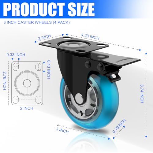 Image of Apllamo 3 Inch Plate Casters Set of 4 Double Brake Heavy Duty