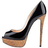AMARANTOS Women's Classy Peep Toe Platform Pumps Shoes Slip On Super High Heel Sexy Stiletto Dress Shoes Black Wood Size9