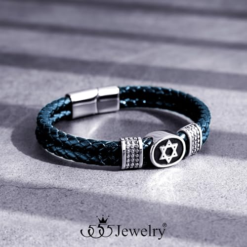 555Jewelry Stainless Steel Star of David Braided Leather Hypoallergenic Bracelet for Men, Size 8 & 9 Inch3