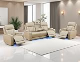Anthato Power Recliner Sofa Set, Leather Reclining Couch & Chair Set, Living Room Furniture Sets, Luxury 3 Piece Living Room Furniture with Cup Holders/Storage/Charging for Home Theater/Office, Khaki