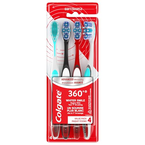 Image of Colgate 360 Advanced Whitening Soft Toothbrush Pack, 4 Adult Soft Toothbrushes with Cheek and Tongue Cleaner, Helps Clean Your Teeth, Tongue, Cheeks, & Gums, 4 - Pack