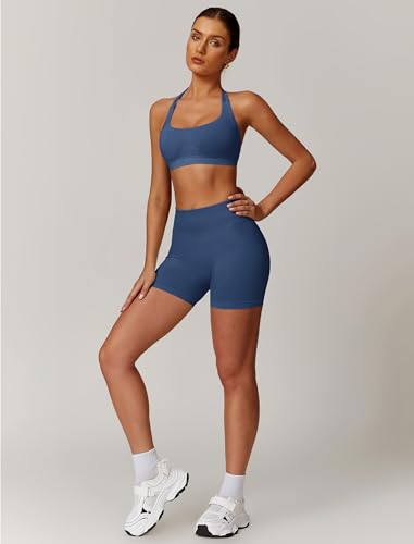 Image of ABOCIW Workout Sets for Women 2 Piece seamless Halter Sports Bra Scrunch Butt Impact Shorts Gym Yoga Outfits