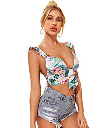 SheIn Women s Floral Cami Crop Top Ruffle Strap Tie Front Cute Camisole Tropical Print Large