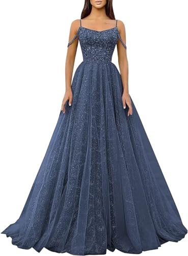 Generic Glitzernde Pailletten-Abschlussballkleider SpaghettiträGer Glitzer-TüLl,Formelle Ballkleider Schulterfreies A-Linien-Partykleid FüR Frauen...