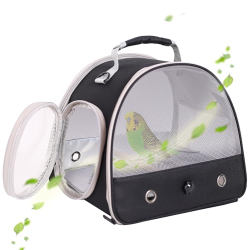 Image of Bird Carrier, Portable Small Bird Parrot Parakeet Carrier with Standing Perch and Stainless Steel Tray, Side Access Window Collapsible (Black, Mesh Windows)