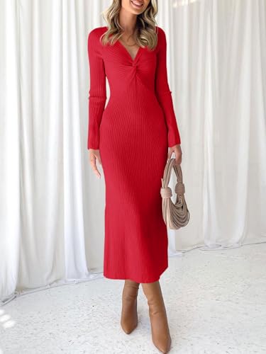 Image of RAISECOM Women Sweater Dress Long Sleeve V Neck Knit Bodycon Midi Dress