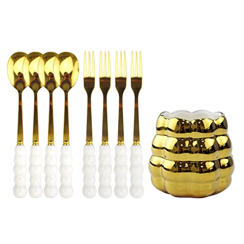 MOONZON 4PCS Stainless Steel Fruit Pizza Toothpick Forks, 4PCS Dessert Coffee Ice Cream Cake Salad Spoons and 1PCS Ceramic Electroplating Storage Jar for Preferred Combination of Tableware (Gold)
