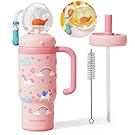 Como bebe Insulated Whale Fountain Sippy Cup, 24 oz 316 food-grade Stainless Leak-Proof Straw,Tumbler with Handle, Fits Car Cup Holders. 2 types lids for Kids, Teens & Adults V3.0 (Pink pony)