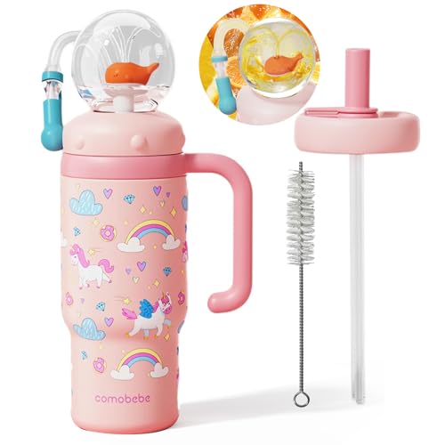 Image of Insulated Whale Fountain Cup, 24 oz Stainless Steel Travel Mug with Handle, Leak-Proof Straw Cup, 2025 model - Washable. Suitable for children, teenagers and adults. (Pink pony)
