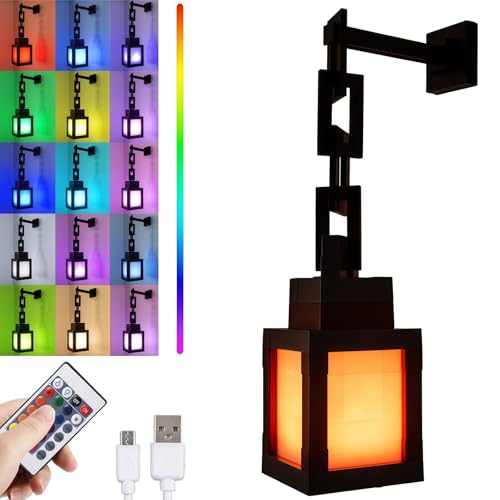 Pixelated Lantern LED Night Light 16 Colors Rechargeable LED Lamp with Remote Rechargeable Retro Table/Wall Night Lamp for Bedroom Gaming Kids Home Decoration and Childrens Gifts (with Chain)