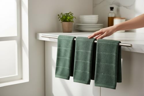 Image of Dark Green Kitchen Hand Dish Towels, Set of 3, 100% Cotton, 18 inch x 28 inch