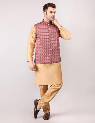 Image of Men's Cotton Silk Blend Regular Kurta Pyjama, Embroidered Nehru Jacket /Waistcoat Set